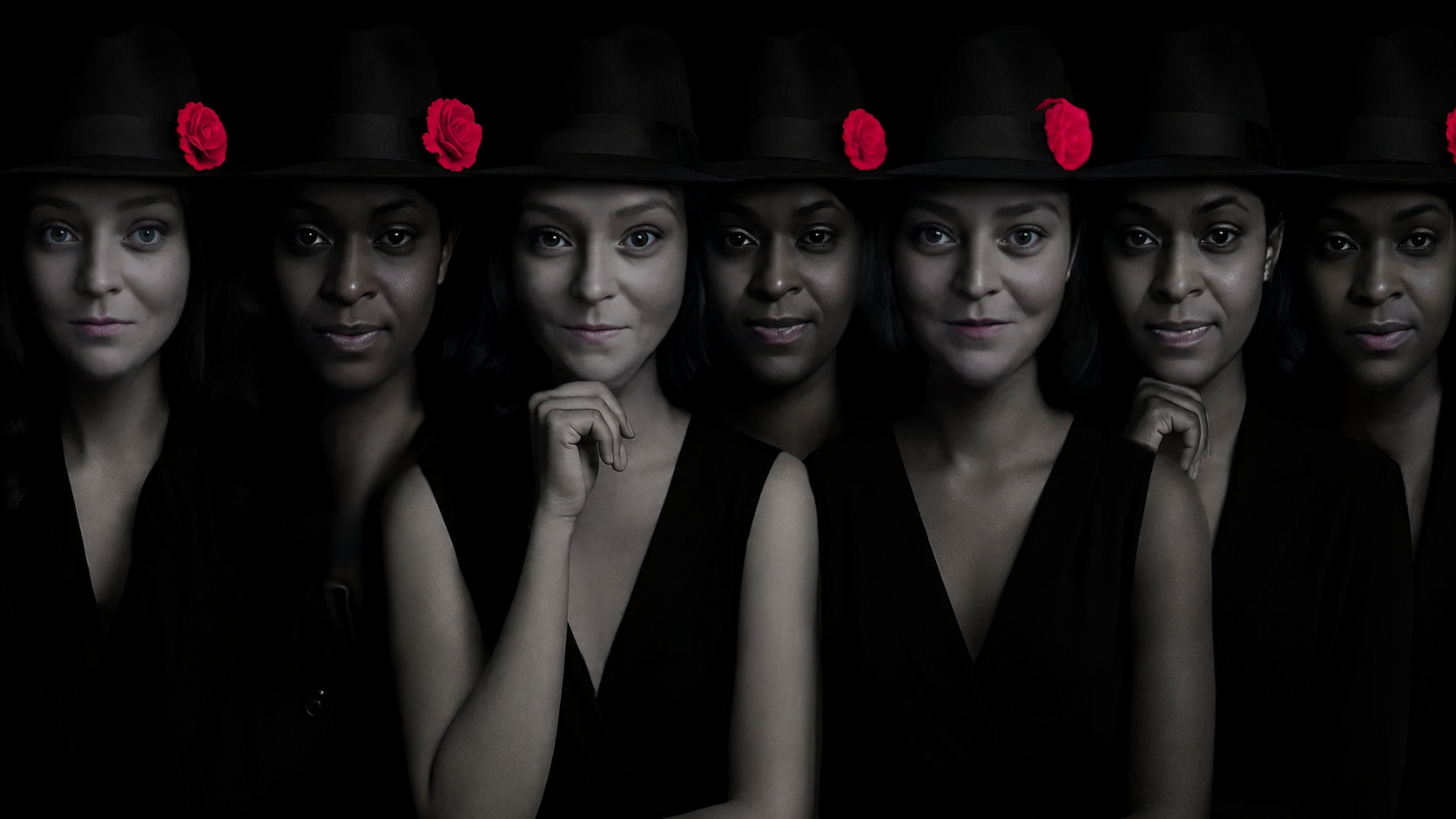 Marketing Mafia ensemble, Kate Noel and Trina in fedoras with fuchsia rose accents